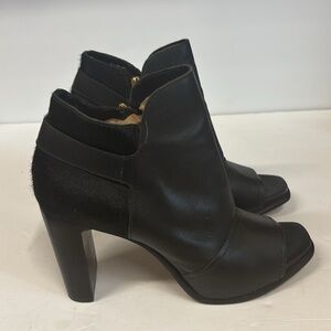 MAD3 Black Cow Skin Hair Leather Block Heel Peep Toe Booties